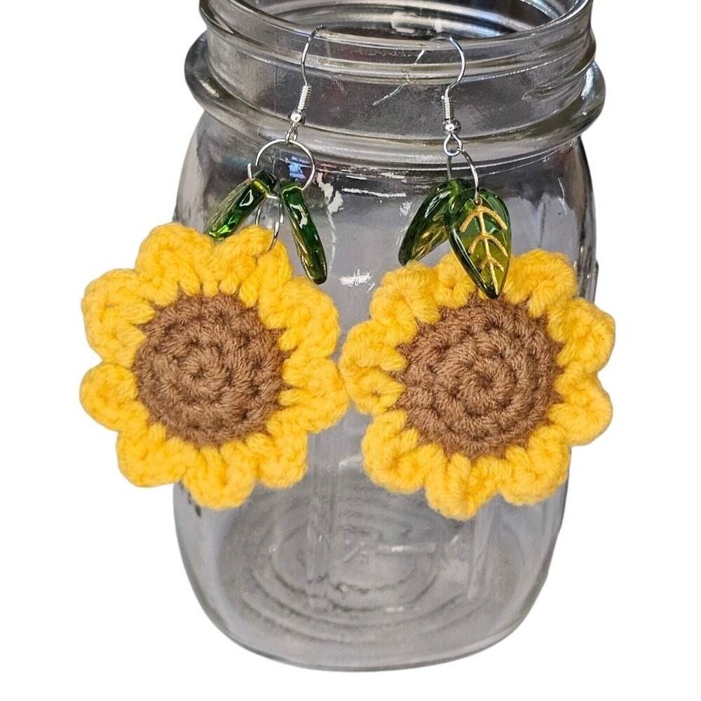 Artisan Crochet Sunflower Dangle Earrings Boho Jewelry Flower Pierced Gift Mom
